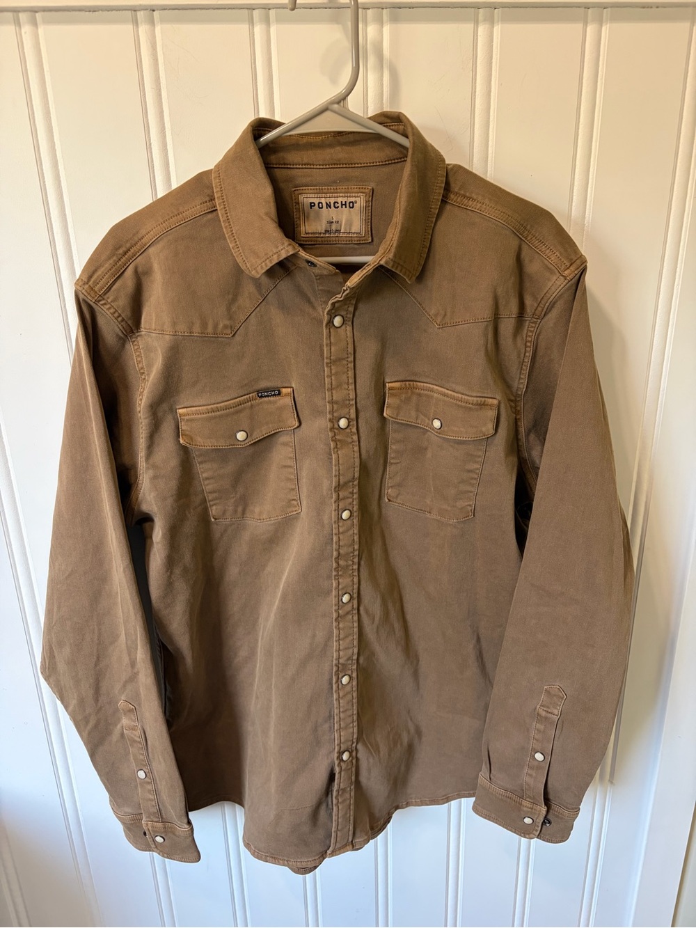 Poncho Outdoors "The Cotulla" Western Brown Denim Shirt SZ L Pearl Snap